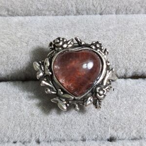 Heart-Shaped Silver and Red Floral Ring